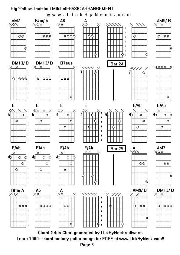 Chord Grids Chart of chord melody fingerstyle guitar song-Big Yellow Taxi-Joni Mitchell-BASIC ARRANGEMENT,generated by LickByNeck software.